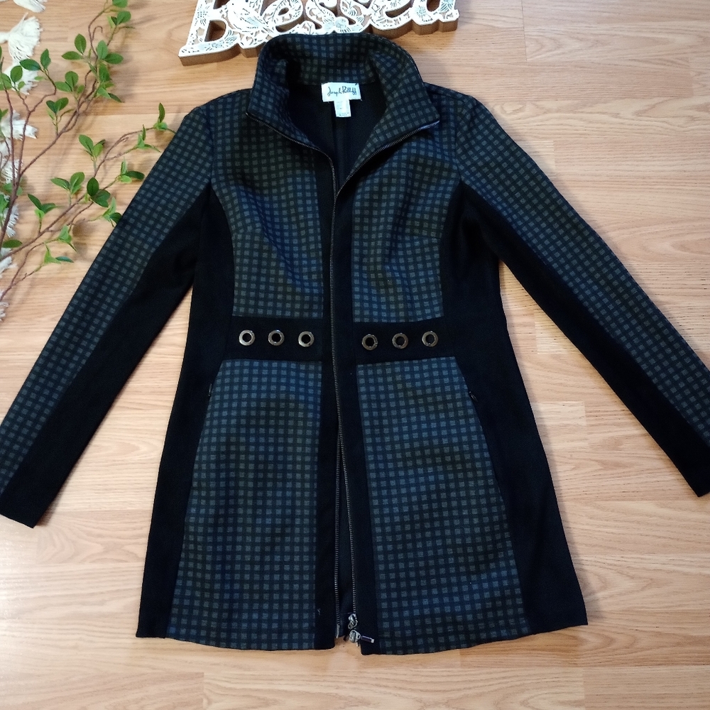 Joseph Ribkoff Black and Dark Checkered Trench Coat